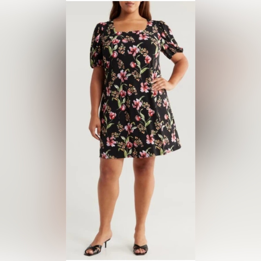 CeCe Floral Square Neck Crepe Knit Dress in Rich Black NWT 2X